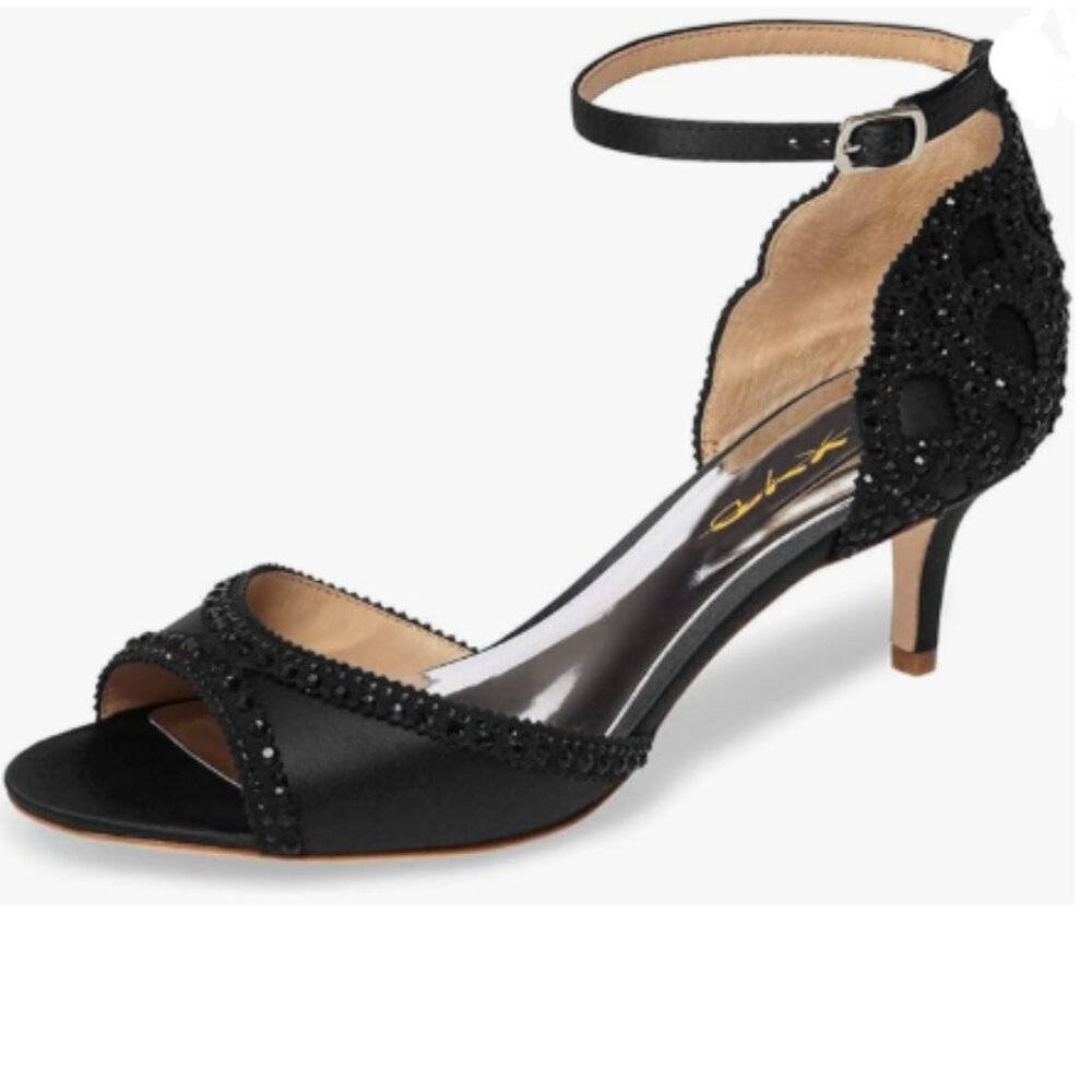XYD Black Open Toe Rhinestones Ankle Strap Sandals Low Heel Bridal Evening Shoes
